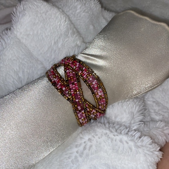 Beaded pink and gold adjustable cuff bracelet - Picture 1 of 6